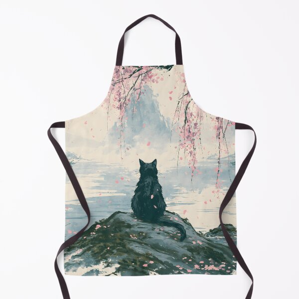 Item preview, Black Cat Under Cherry Blossoms Japanese Watercolor Lake Art designed and sold by GrinGalore.