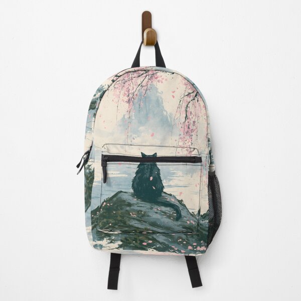 Item preview, Black Cat Under Cherry Blossoms Japanese Watercolor Lake Art designed and sold by GrinGalore.