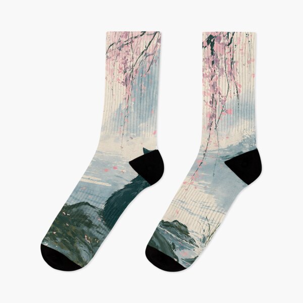 Item preview, Black Cat Under Cherry Blossoms Japanese Watercolor Lake Art designed and sold by GrinGalore.