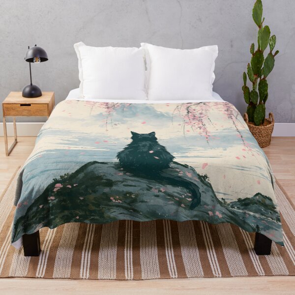 Item preview, Black Cat Under Cherry Blossoms Japanese Watercolor Lake Art designed and sold by GrinGalore.
