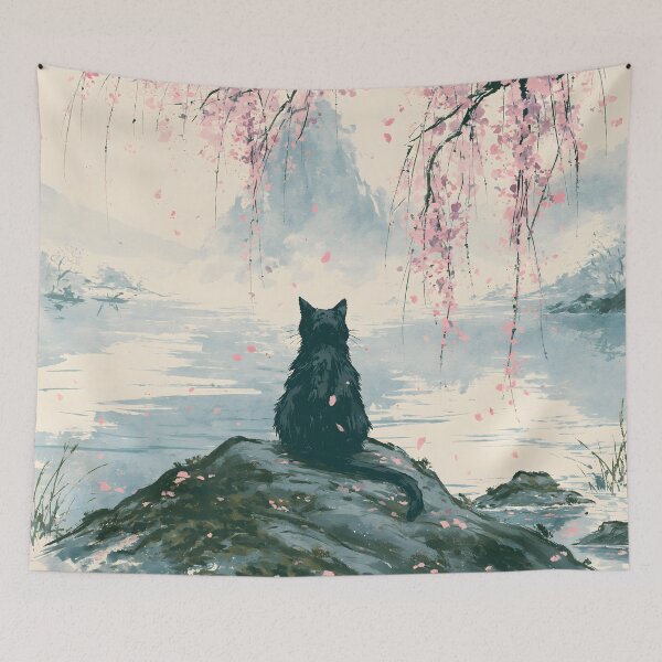 Item preview, Black Cat Under Cherry Blossoms Japanese Watercolor Lake Art designed and sold by GrinGalore.