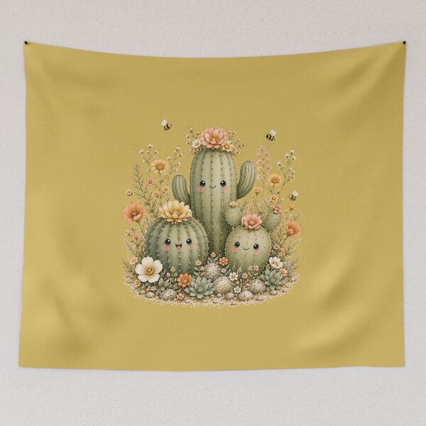 Item preview, Kawaii Cactus Trio & Wildflowers Illustration – Desert Bee Design Art designed and sold by MagicMakerPh.