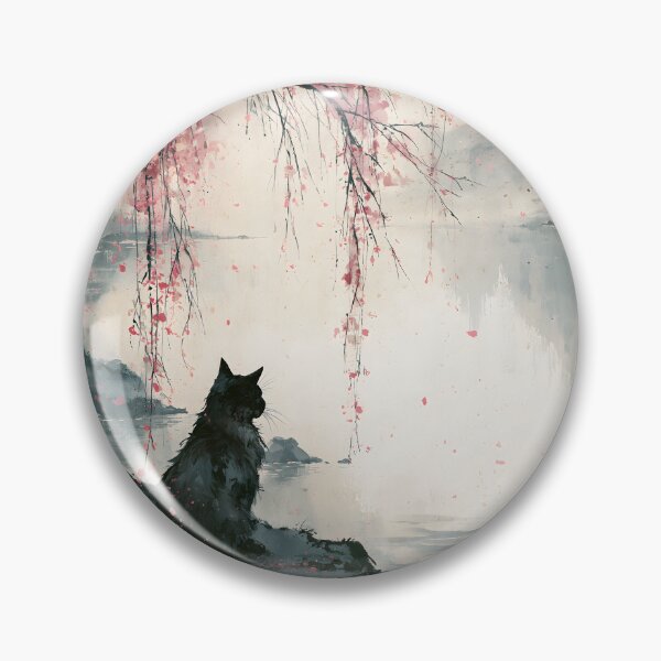 Item preview, Black Cat Japanese Lake Cherry Blossom Serene Watercolor Landscape designed and sold by GrinGalore.