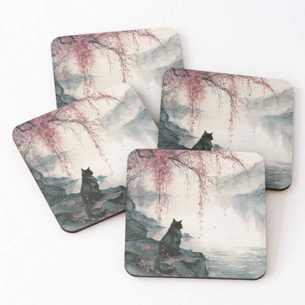 Item preview, Black Cat Japanese Lake Cherry Blossom Serene Watercolor Landscape designed and sold by GrinGalore.