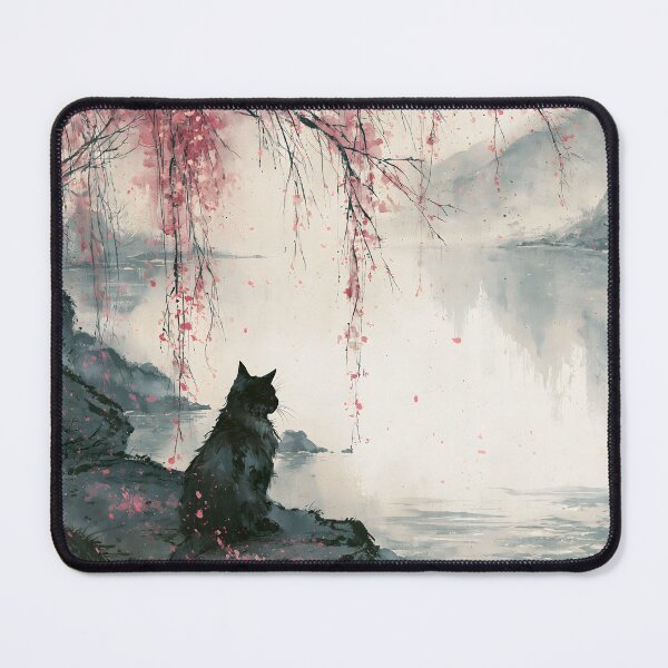 Item preview, Black Cat Japanese Lake Cherry Blossom Serene Watercolor Landscape designed and sold by GrinGalore.