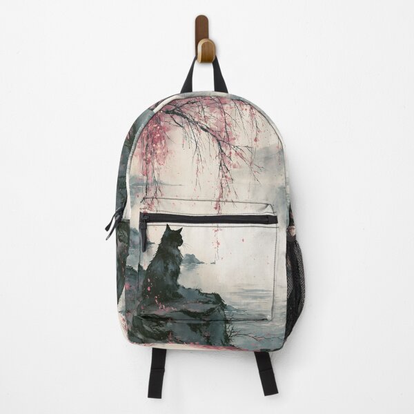 Item preview, Black Cat Japanese Lake Cherry Blossom Serene Watercolor Landscape designed and sold by GrinGalore.