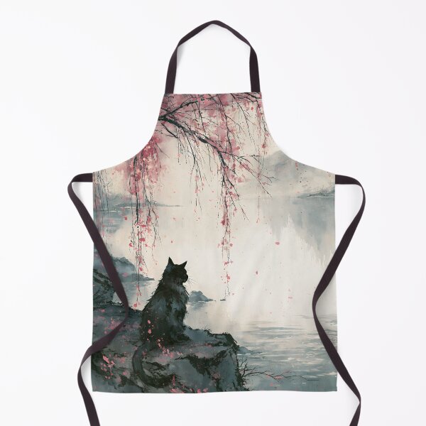 Item preview, Black Cat Japanese Lake Cherry Blossom Serene Watercolor Landscape designed and sold by GrinGalore.