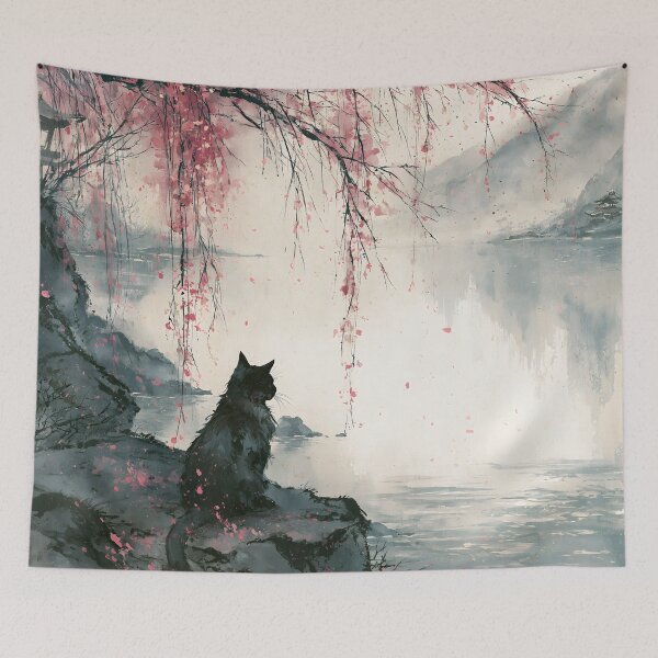 Item preview, Black Cat Japanese Lake Cherry Blossom Serene Watercolor Landscape designed and sold by GrinGalore.