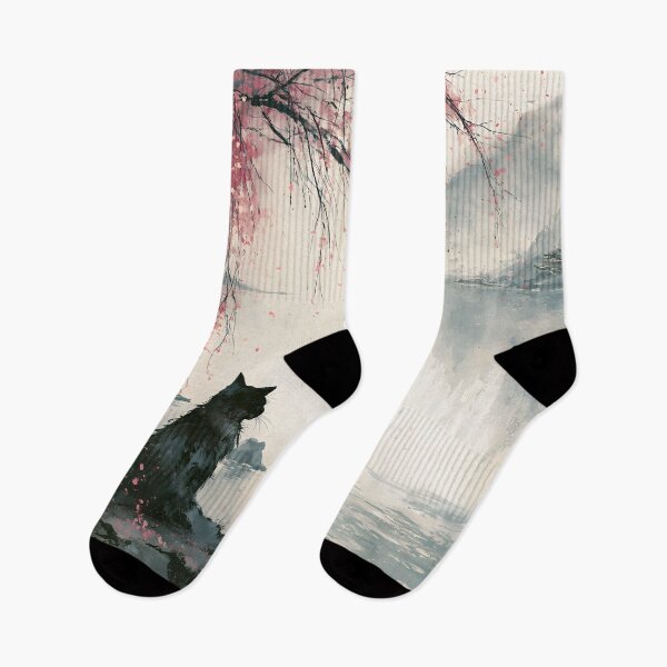 Item preview, Black Cat Japanese Lake Cherry Blossom Serene Watercolor Landscape designed and sold by GrinGalore.