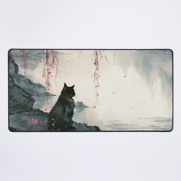 Item preview, Black Cat Japanese Lake Cherry Blossom Serene Watercolor Landscape designed and sold by GrinGalore.
