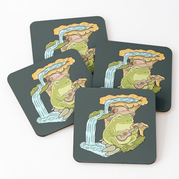 Item preview, Frog Cottagecore Playing Ukulele by Waterfall with Chanterelle Mushrooms designed and sold by LeshanArt.