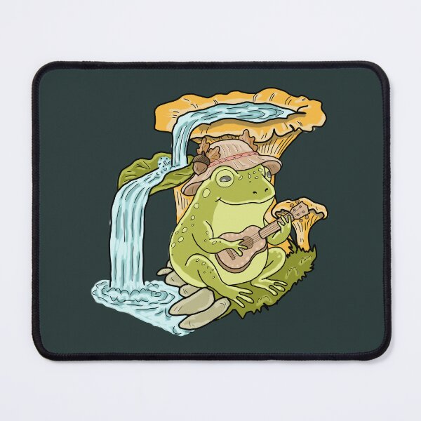Item preview, Frog Cottagecore Playing Ukulele by Waterfall with Chanterelle Mushrooms designed and sold by LeshanArt.