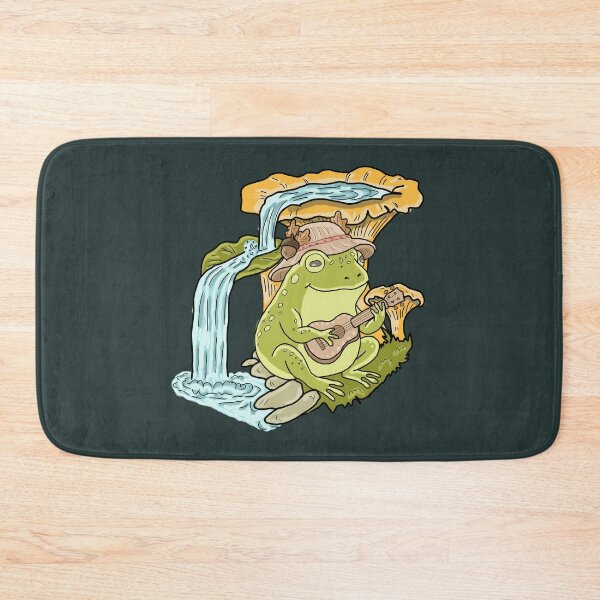 Item preview, Frog Cottagecore Playing Ukulele by Waterfall with Chanterelle Mushrooms designed and sold by LeshanArt.