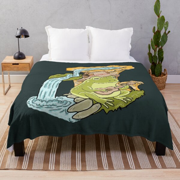 Item preview, Frog Cottagecore Playing Ukulele by Waterfall with Chanterelle Mushrooms designed and sold by LeshanArt.