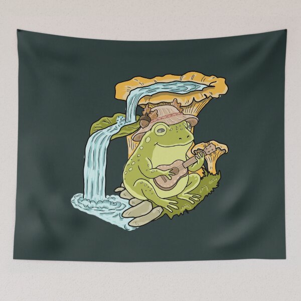 Item preview, Frog Cottagecore Playing Ukulele by Waterfall with Chanterelle Mushrooms designed and sold by LeshanArt.