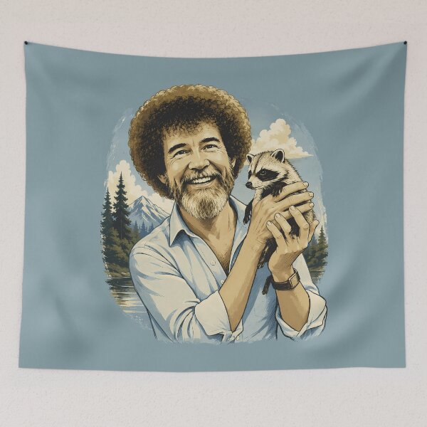 Item preview, Bob Ross Inspired Happy Little Trees Raccoon Vintage Nature Landscape Art Retro Painter Gift designed and sold by karamram.