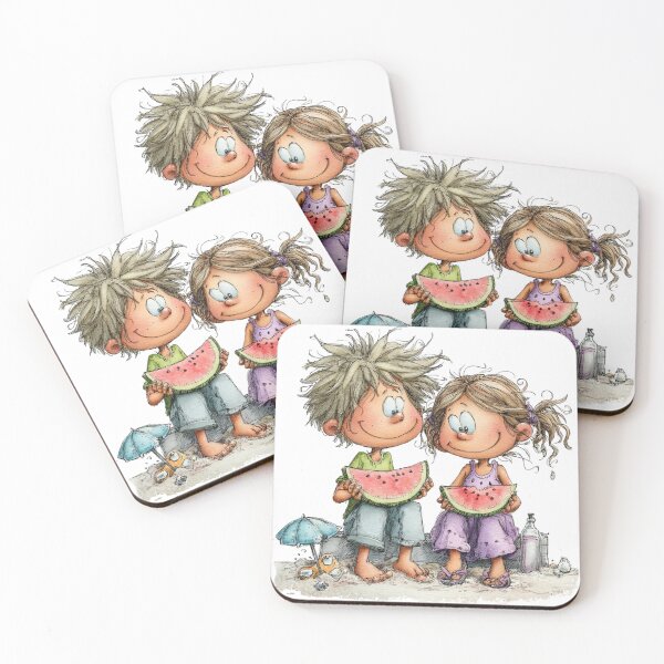 Item preview, Cute boy and girl eating mellon - whimsical design designed and sold by Lines, forms and colors.