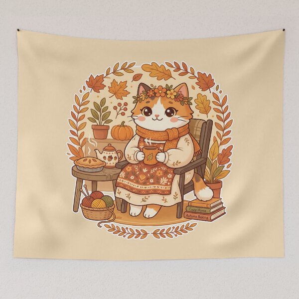Item preview, Cozy Autumn Cat – Kawaii Fall Cottagecore Tea Time designed and sold by CuteKats.