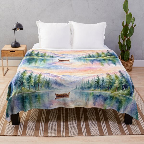 Item preview, Watercolor Pine Forest Lake and Boat designed and sold by jo-e-basta.