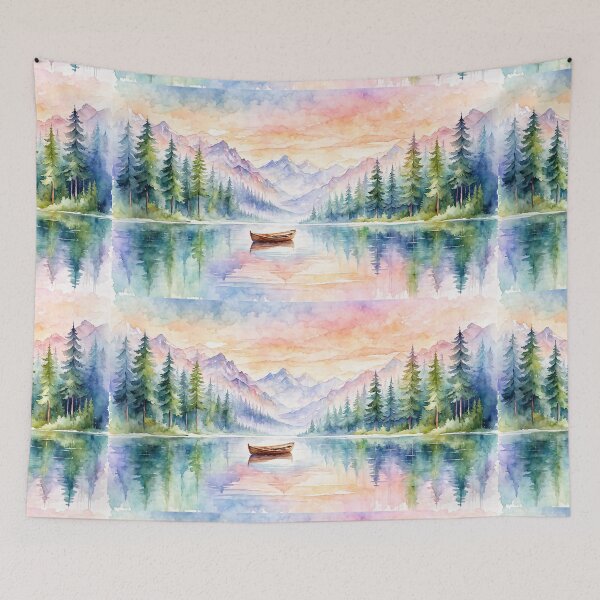 Item preview, Watercolor Pine Forest Lake and Boat designed and sold by jo-e-basta.