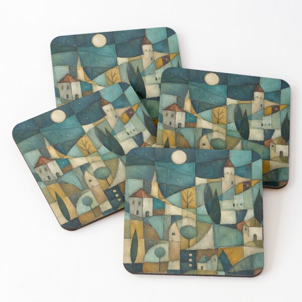 Item preview, Cubist Abstract Landscape Oil Painting | Geometric Village Night Canvas Art | Modern Mosaic Town Landscape | Teal and Gold Abstract Art Print designed and sold by SergioMiklos.