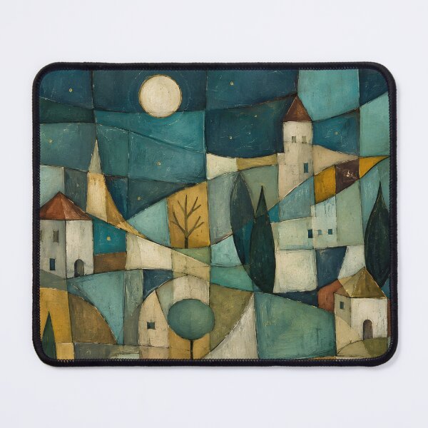 Item preview, Cubist Abstract Landscape Oil Painting | Geometric Village Night Canvas Art | Modern Mosaic Town Landscape | Teal and Gold Abstract Art Print designed and sold by SergioMiklos.