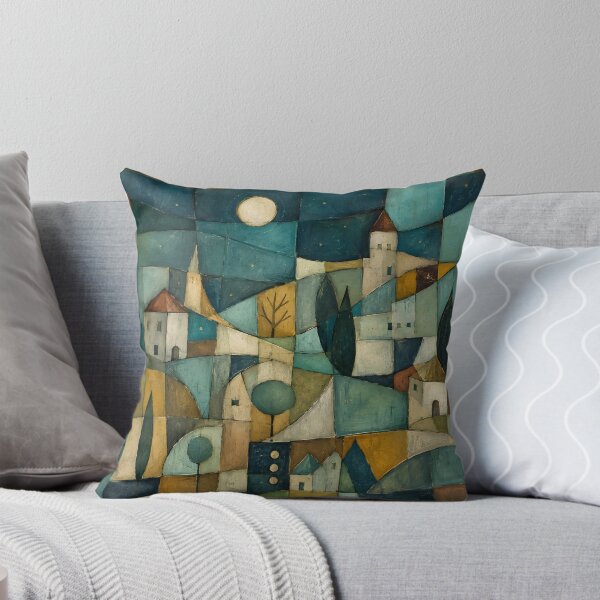 Item preview, Cubist Abstract Landscape Oil Painting | Geometric Village Night Canvas Art | Modern Mosaic Town Landscape | Teal and Gold Abstract Art Print designed and sold by SergioMiklos.