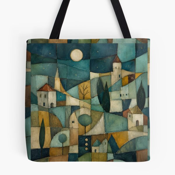 Item preview, Cubist Abstract Landscape Oil Painting | Geometric Village Night Canvas Art | Modern Mosaic Town Landscape | Teal and Gold Abstract Art Print designed and sold by SergioMiklos.