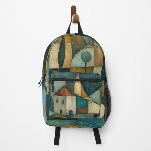 Item preview, Cubist Abstract Landscape Oil Painting | Geometric Village Night Canvas Art | Modern Mosaic Town Landscape | Teal and Gold Abstract Art Print designed and sold by SergioMiklos.