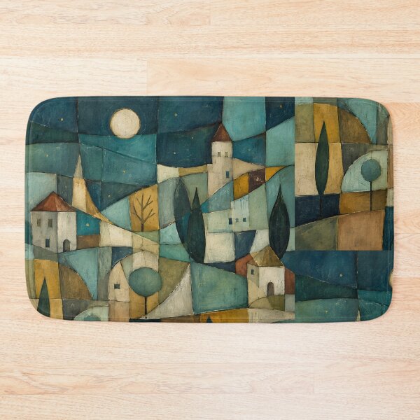 Item preview, Cubist Abstract Landscape Oil Painting | Geometric Village Night Canvas Art | Modern Mosaic Town Landscape | Teal and Gold Abstract Art Print designed and sold by SergioMiklos.