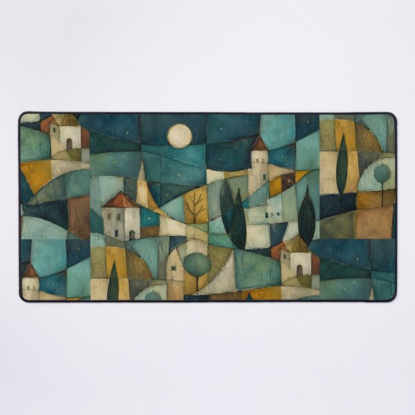 Item preview, Cubist Abstract Landscape Oil Painting | Geometric Village Night Canvas Art | Modern Mosaic Town Landscape | Teal and Gold Abstract Art Print designed and sold by SergioMiklos.