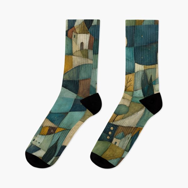 Item preview, Cubist Abstract Landscape Oil Painting | Geometric Village Night Canvas Art | Modern Mosaic Town Landscape | Teal and Gold Abstract Art Print designed and sold by SergioMiklos.