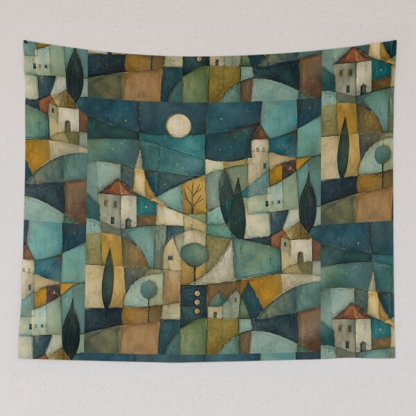 Item preview, Cubist Abstract Landscape Oil Painting | Geometric Village Night Canvas Art | Modern Mosaic Town Landscape | Teal and Gold Abstract Art Print designed and sold by SergioMiklos.