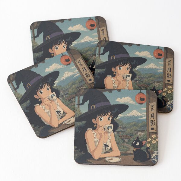 Item preview, Retro Anime Manga Witch and cat enjoying coffee time designed and sold by Vintage Designs +.