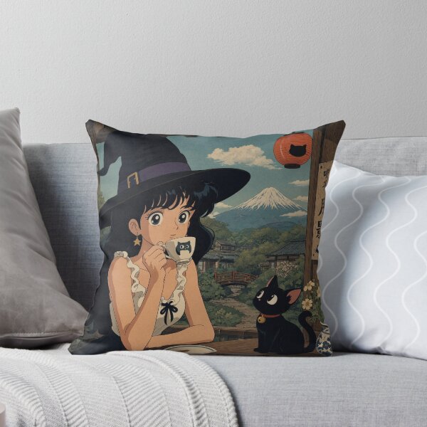 Item preview, Retro Anime Manga Witch and cat enjoying coffee time designed and sold by Vintage Designs +.