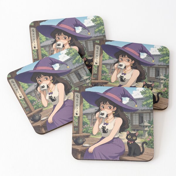 Item preview, Retro Anime Manga Witch and cat enjoying coffee time designed and sold by Vintage Designs +.