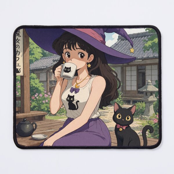Item preview, Retro Anime Manga Witch and cat enjoying coffee time designed and sold by Vintage Designs +.