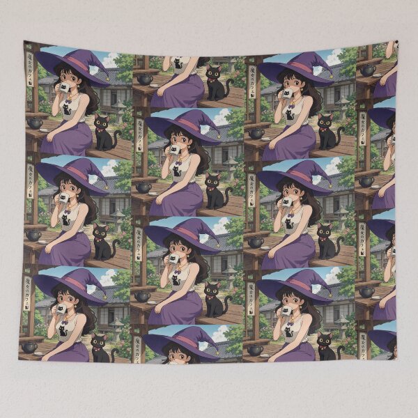 Item preview, Retro Anime Manga Witch and cat enjoying coffee time designed and sold by Vintage Designs +.