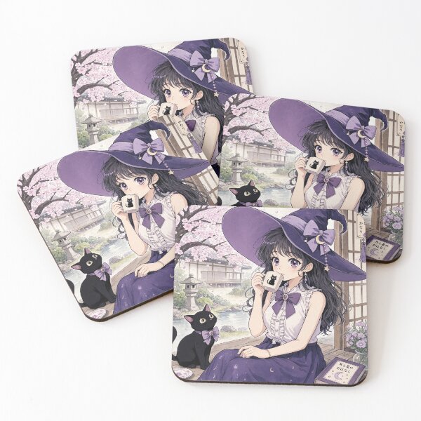 Item preview, Retro Anime Manga Witch and cat enjoying coffee time designed and sold by Vintage Designs +.