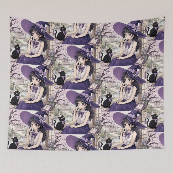 Item preview, Retro Anime Manga Witch and cat enjoying coffee time designed and sold by Vintage Designs +.
