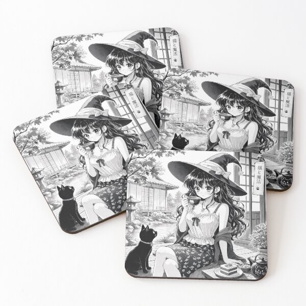 Item preview, Retro Anime Manga Witch and cat enjoying coffee time designed and sold by Vintage Designs +.