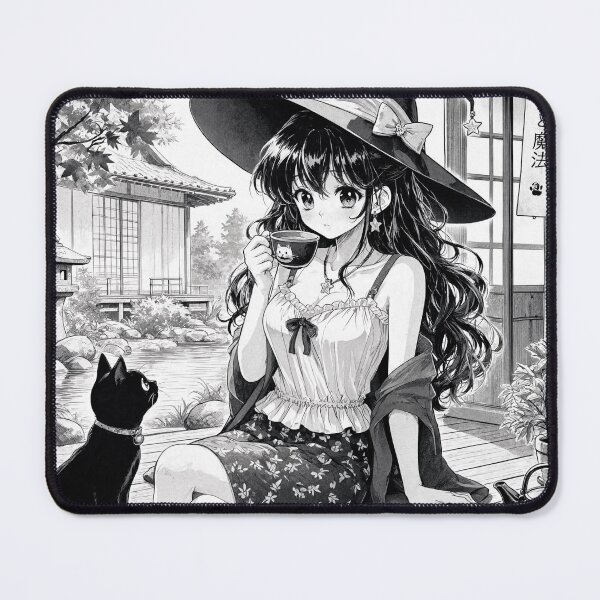 Item preview, Retro Anime Manga Witch and cat enjoying coffee time designed and sold by Vintage Designs +.