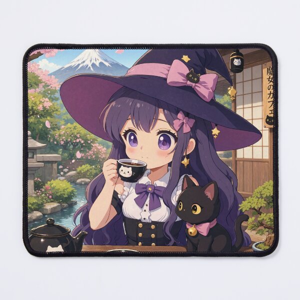 Item preview, Retro Anime Manga Witch and cat enjoying coffee time designed and sold by Vintage Designs +.