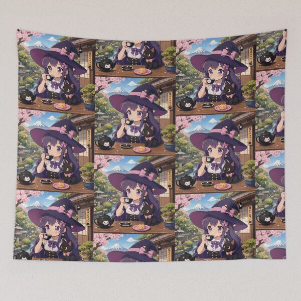 Item preview,  Retro Anime Manga Witch and cat enjoying coffee time designed and sold by Vintage Designs +.