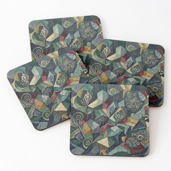 Item preview, Abstract Geometric Mosaic Oil Painting | Textured Fractured Forms Wall Art | Mixed Media Patina Canvas Print | Dark Teal & Gold Mineral Art designed and sold by SergioMiklos.