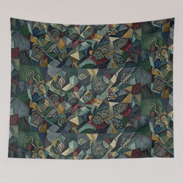Item preview, Abstract Geometric Mosaic Oil Painting | Textured Fractured Forms Wall Art | Mixed Media Patina Canvas Print | Dark Teal & Gold Mineral Art designed and sold by SergioMiklos.