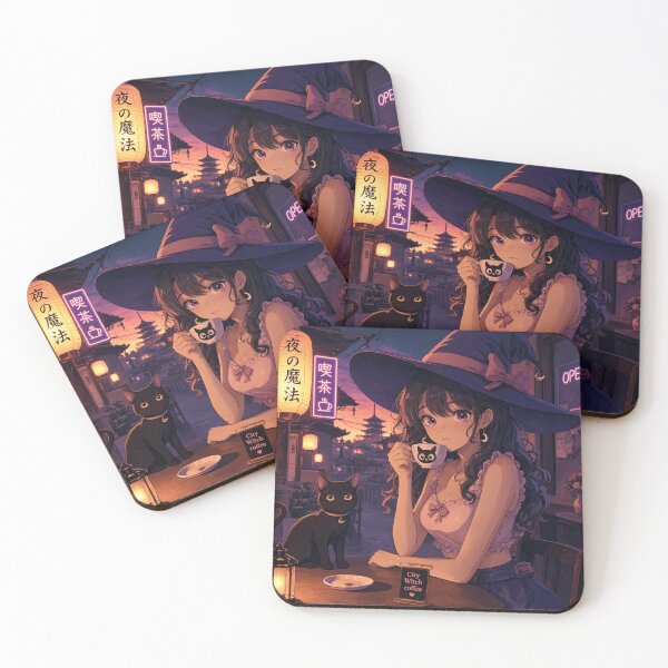 Item preview, Retro Anime Manga Witch and cat enjoying coffee time designed and sold by Vintage Designs +.