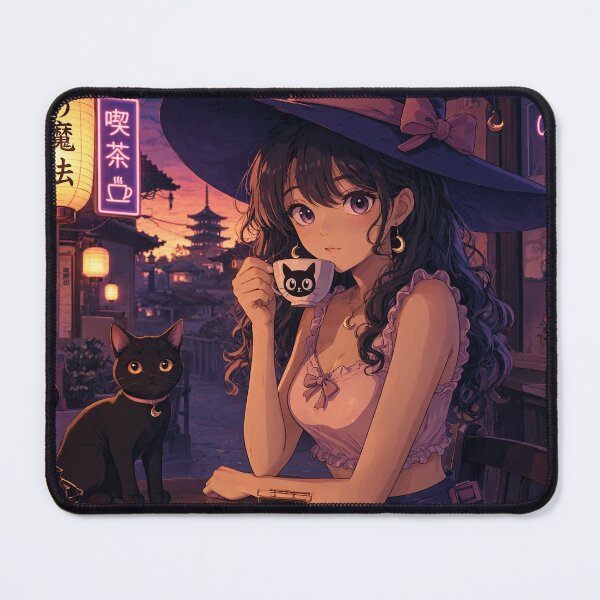 Item preview, Retro Anime Manga Witch and cat enjoying coffee time designed and sold by Vintage Designs +.