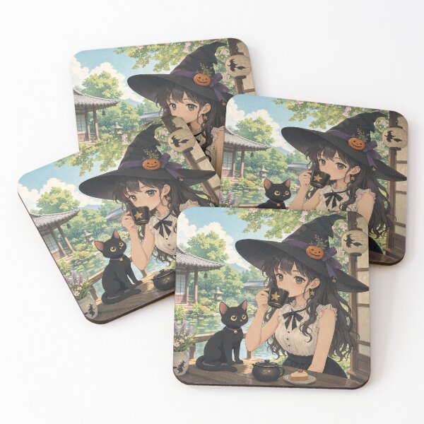 Item preview, Retro Anime Manga Witch and cat enjoying coffee time designed and sold by Vintage Designs +.