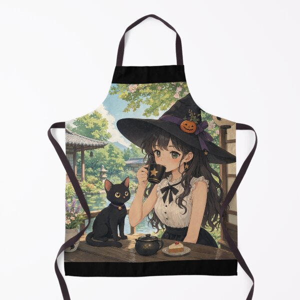 Item preview, Retro Anime Manga Witch and cat enjoying coffee time designed and sold by Vintage Designs +.